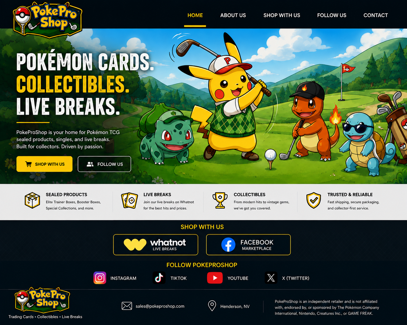 PokeProShop trading card and live breaks landing page with a golf-themed Pokémon illustration